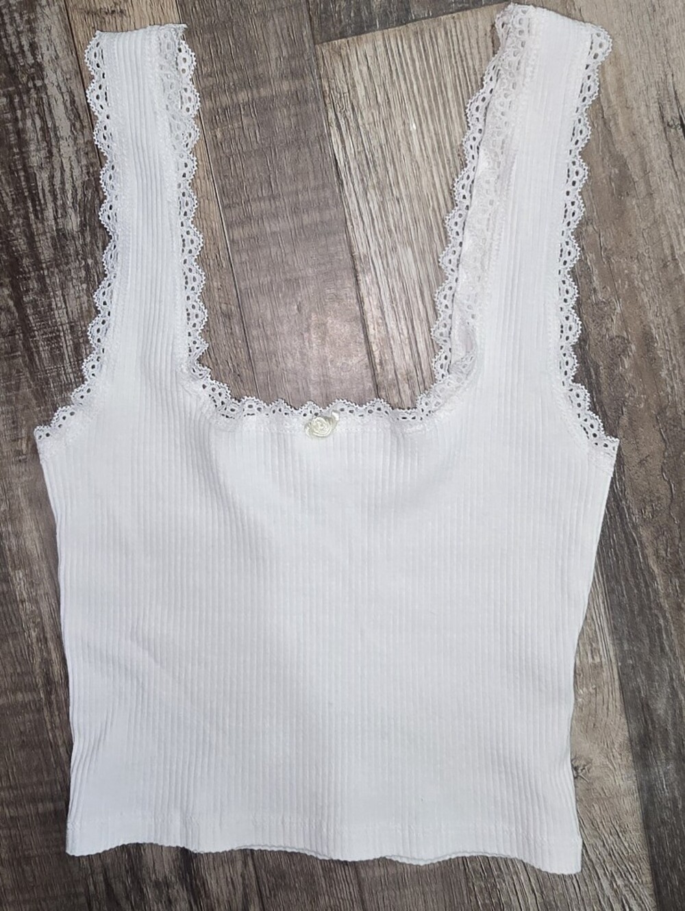 Cotton On Body White Ribbed Lace-Trim Cropped Tank Size: XS